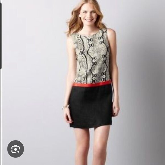 NWT Ann Taylor Loft Shift Dress Tan Black Women’s SZ 12 Petite 100% Linen Snake - Picture 1 of 11
